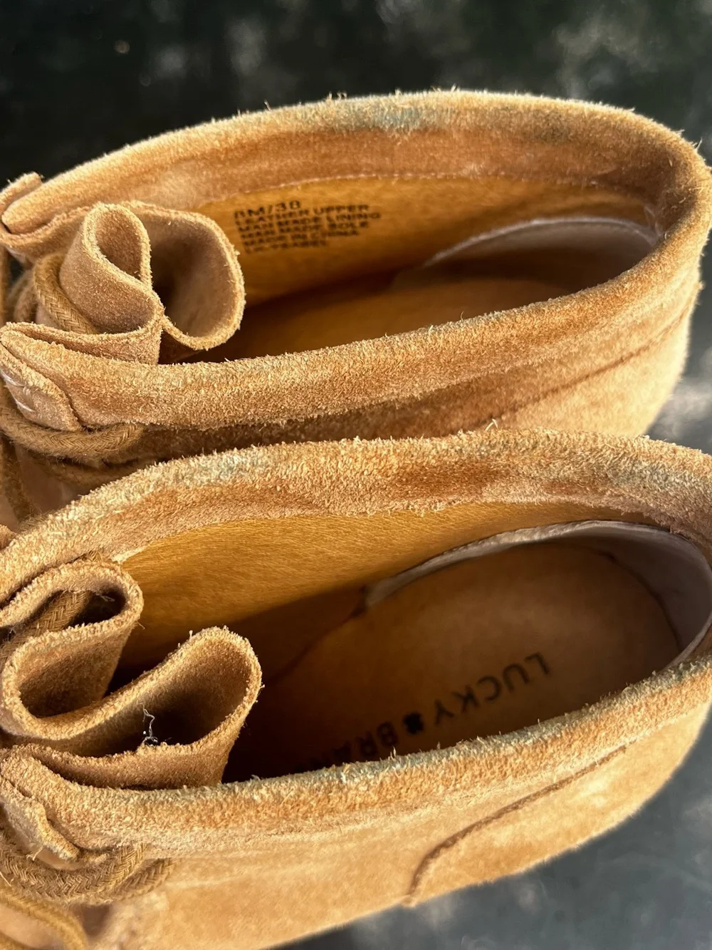 Lucky Brand Ysabel Suede Lace-Up Wedge Ankle Booties Tan size 8